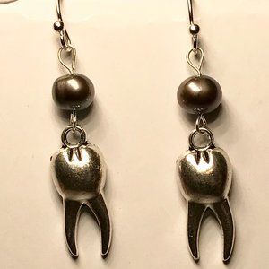 Silver Pearl Tooth Earrings Teeth Dental Dentist